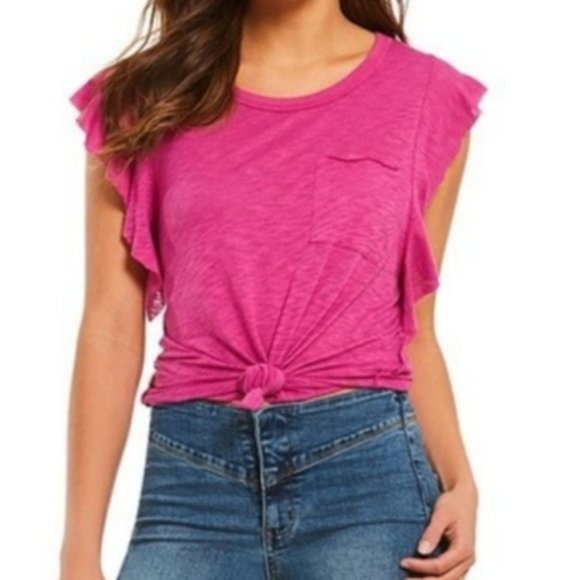 Free People Tops - NWT Free People Bright Pink Ruffle Pocket Tee